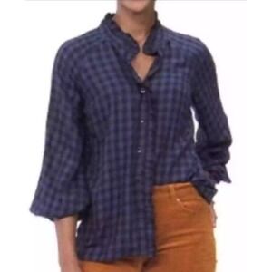 Cabi Shirt Womens Small Aberdeen Top Navy Black Buffalo Check Balloon‎ Sleeve